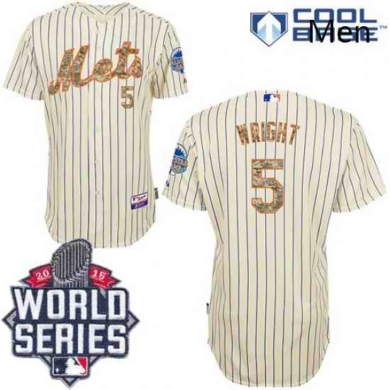 Mens Majestic New York Mets 5 David Wright Authentic Cream USMC Cool Base 2015 World Series MLB Jersey